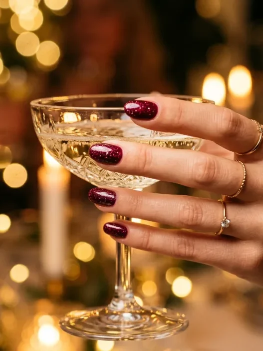 Close-up of manicured hand with deep glossy glitter nails holding champagne coupe in golden party light