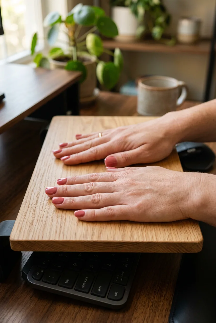 Overhead close-up of both hands with glossy rose short square nails on light oak keyboard tray