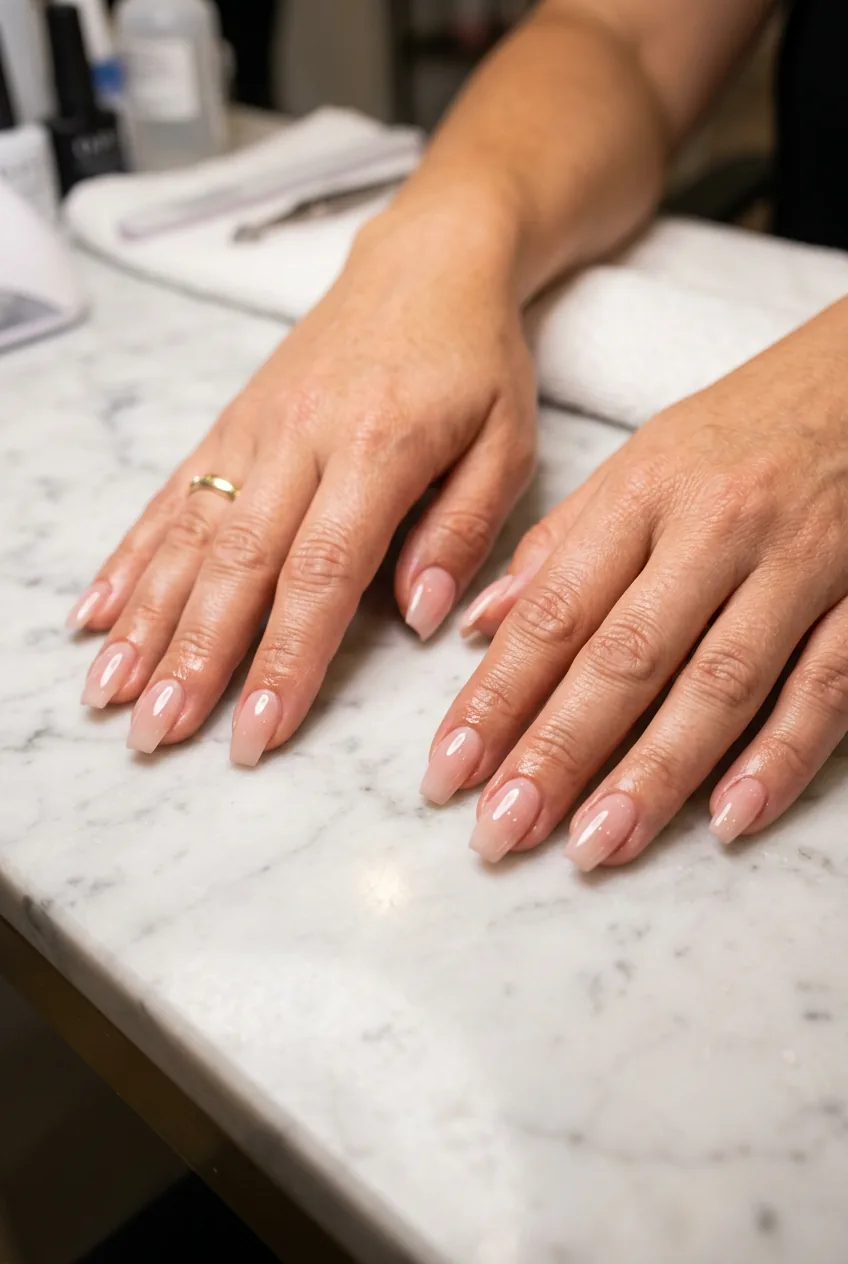 Both hands flat on marble salon table showing ten coffin nails in high-gloss top coat catching warm light