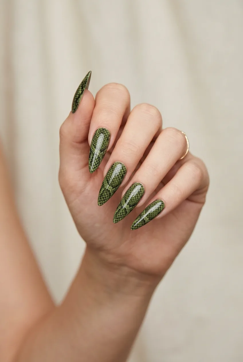 Long stiletto nails in forest green with detailed snake skin scale print stamping design