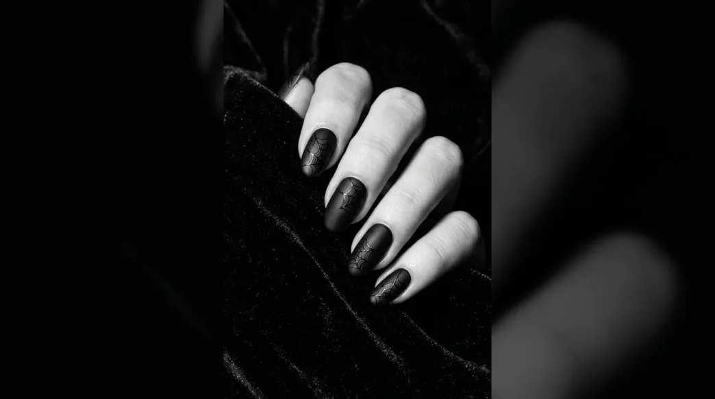 Close-up editorial shot of a manicured hand with deep black Halloween nails against dark velvet background, dramatic side lighting