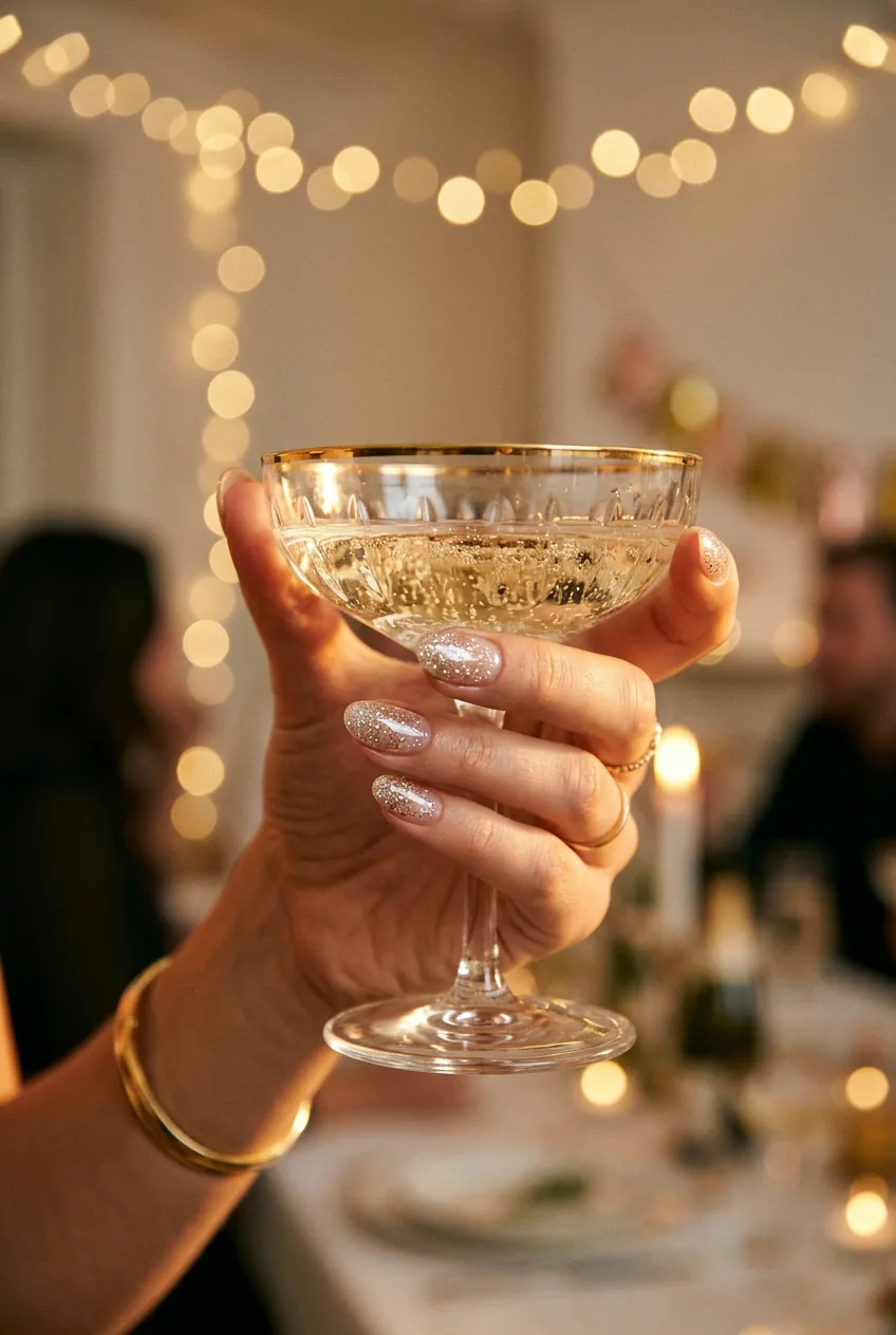 Close-up of manicured hand with high-gloss wet-look glitter nails holding a vintage champagne glass with fairy light bokeh