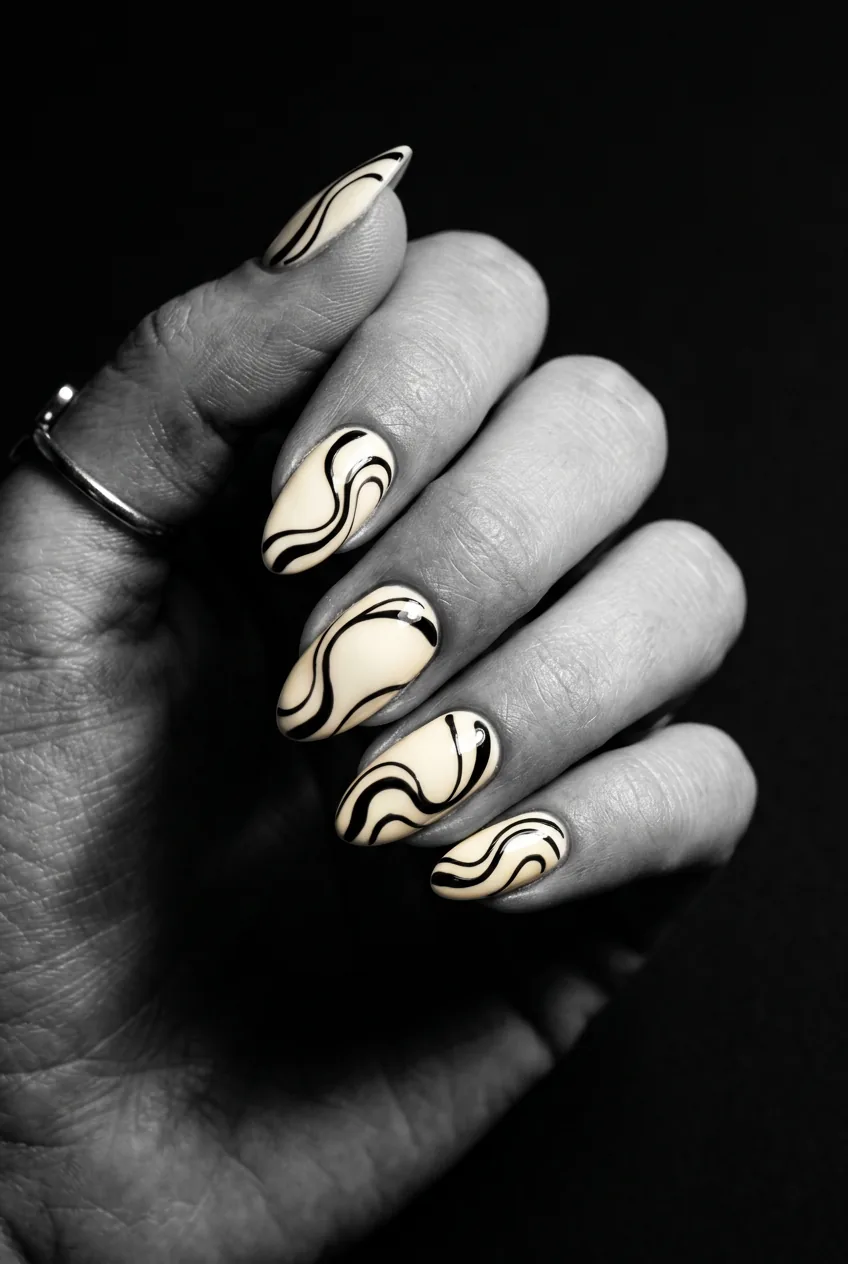 Manicured hand with ivory base nails featuring bold black abstract ink swirl lines catching sharp highlights under editorial side light