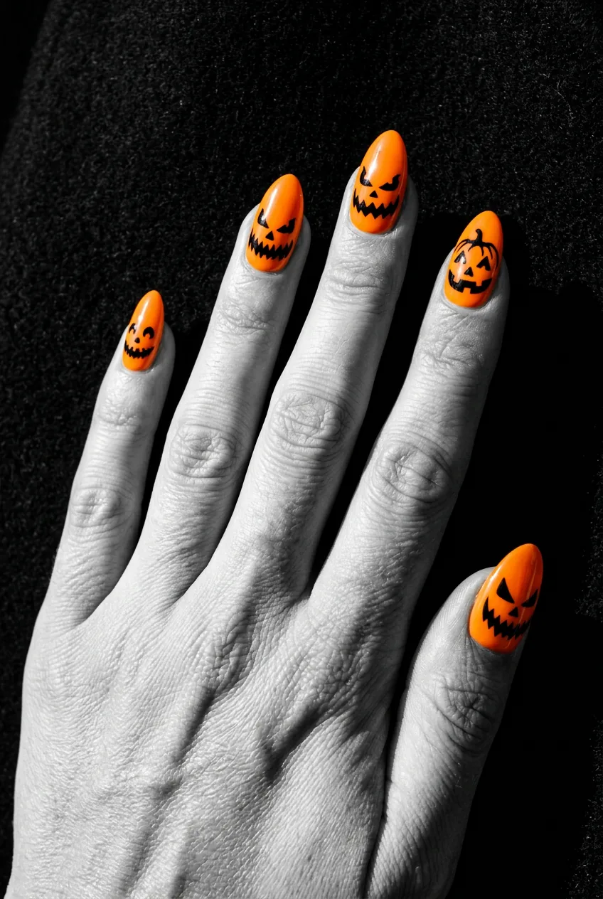 Close-up of bright orange nails with detailed black jack-o-lantern face featuring triangular eyes and jagged grin