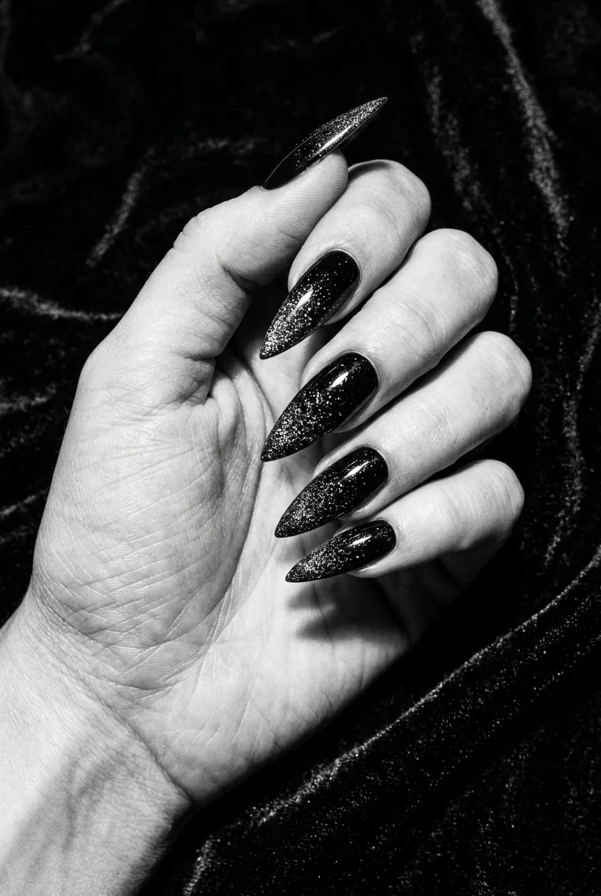 Jet black stiletto nails with concentrated micro holographic glitter dissolving at the pointed tips under side light