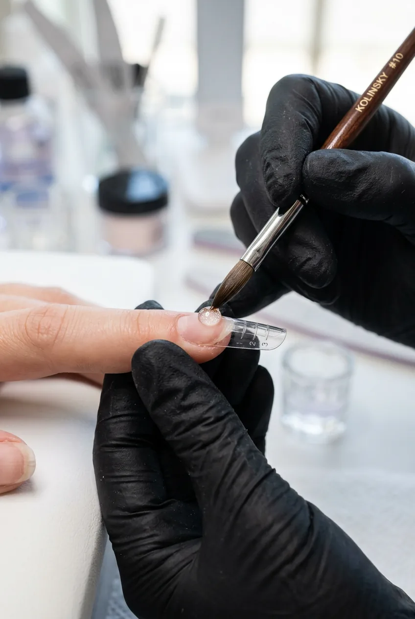 Nail tech placing a glistening monomer-and-powder bead onto a nail tip with a kolinsky brush under salon light