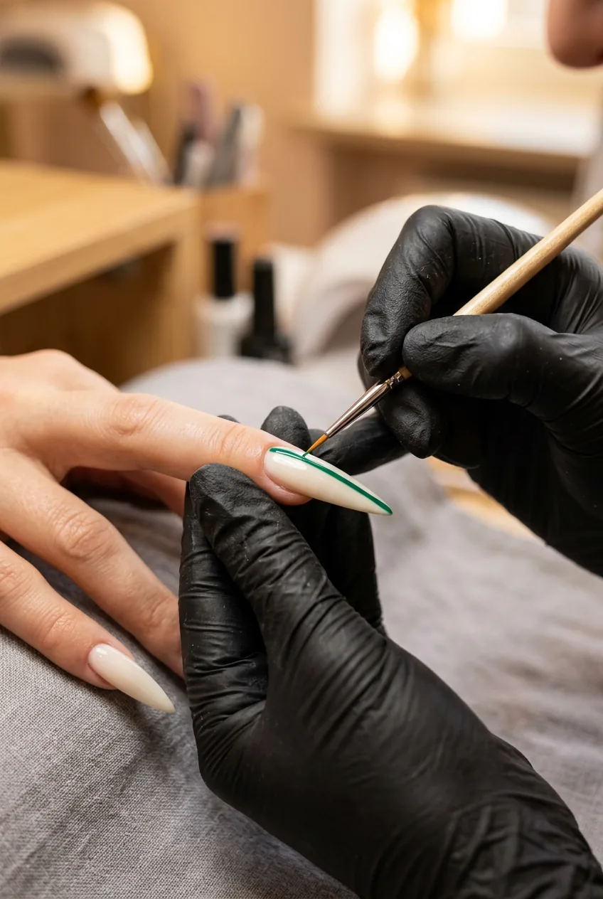 Nail artist drawing a precise fine line down a stiletto nail with a 10/0 liner brush in emerald green paint