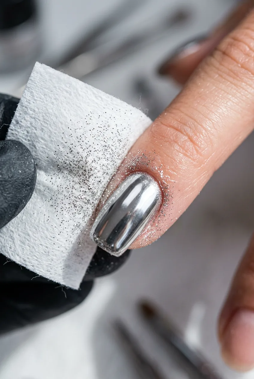 Lint-free wipe removing loose chrome powder dust from the edges of a mirrored nail with metallic particles visible on the wipe