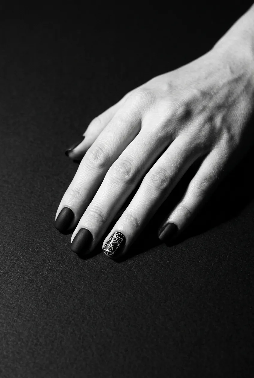 Woman's hand with matte black nails featuring a glossy spiderweb design on accent nail, photographed against dark matte background