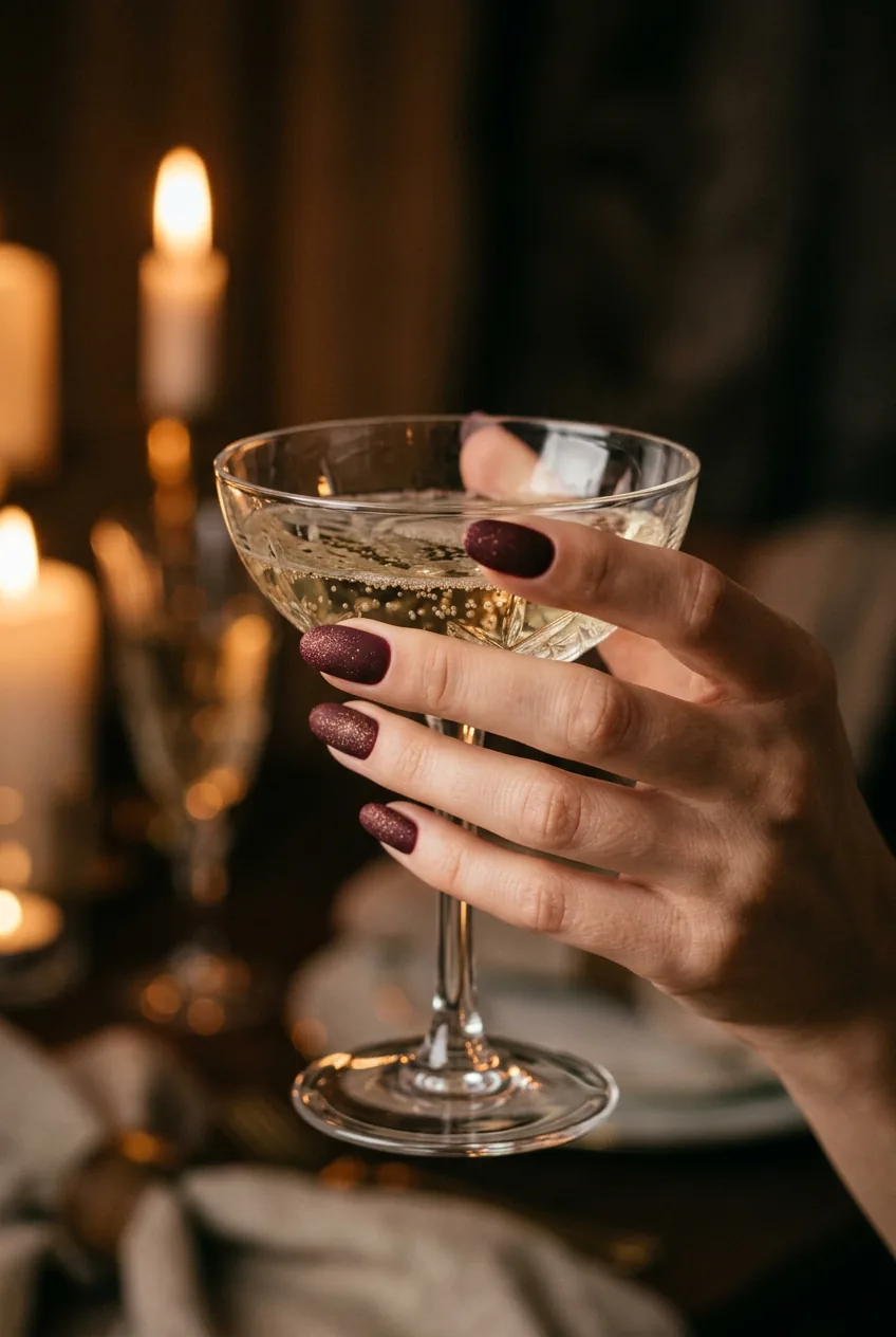 Close-up of manicured hand with matte burgundy and bronze glitter nails, suede-like finish in warm candlelight