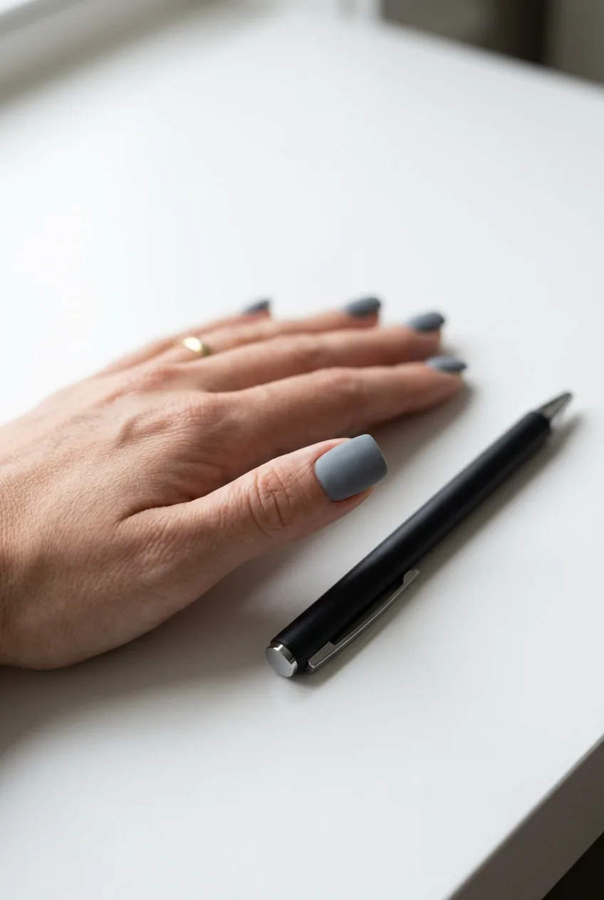 Side-angle close-up of a hand with short square matte slate nails resting beside a pen on white desk