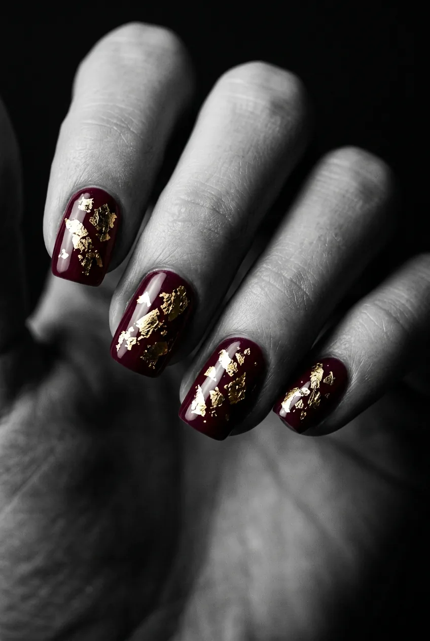 Close-up of burgundy base nails with scattered gold metallic foil fragments in abstract diagonal clusters under dramatic editorial side light