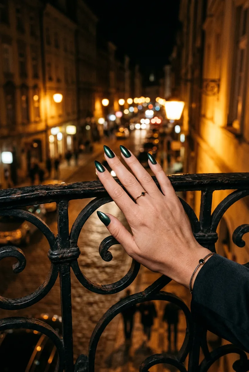 Manicured hand with metallic dark green stiletto nails resting on a balcony railing under dramatic amber night light