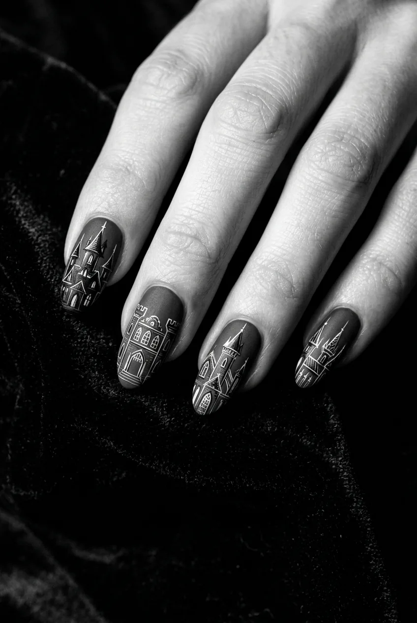 Elegant fingers showing deep charcoal grey nails with hairline-thin white linework depicting a Gothic haunted mansion