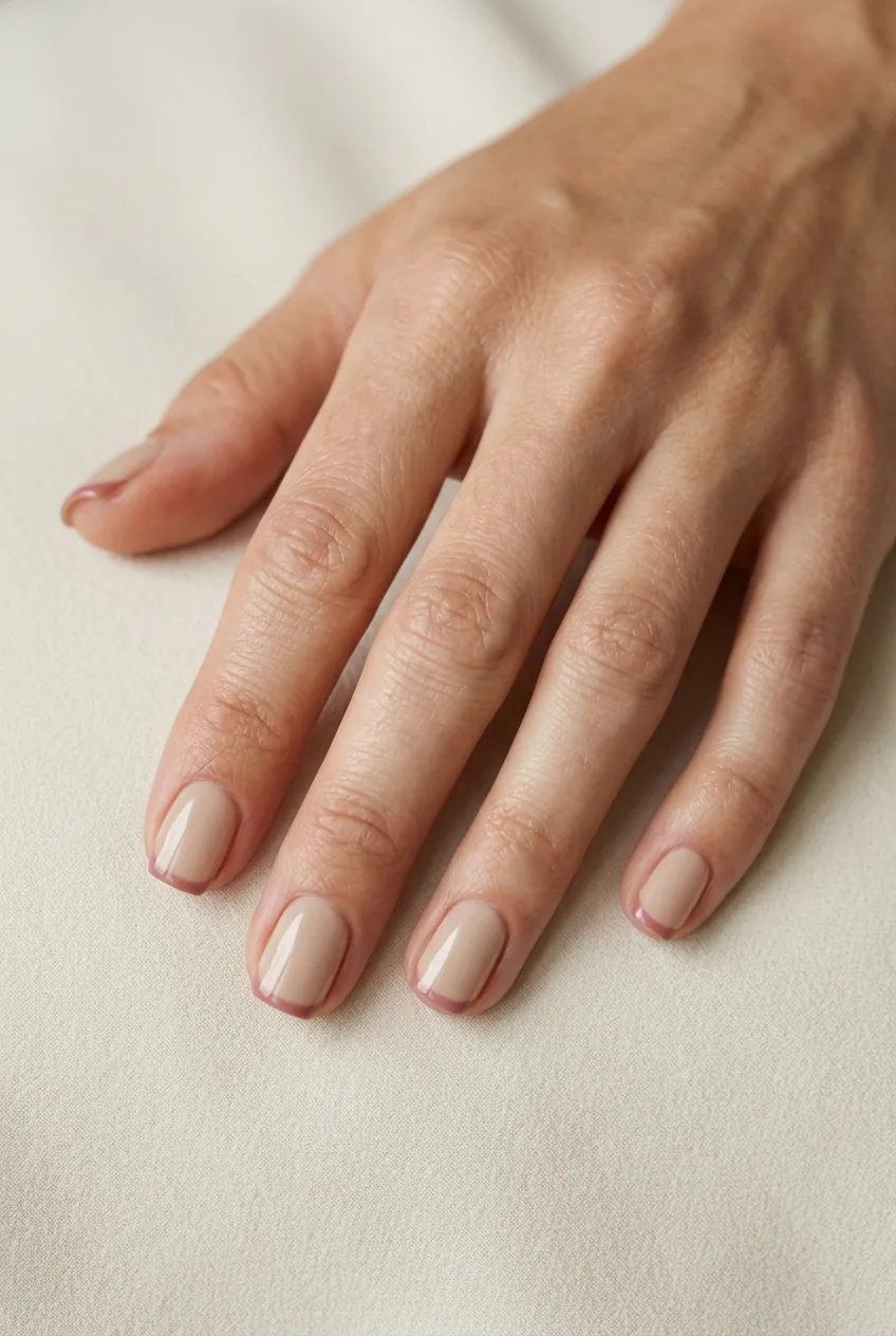 Five short square nails with micro French manicure in dusty rose hairline tip on neutral beige base