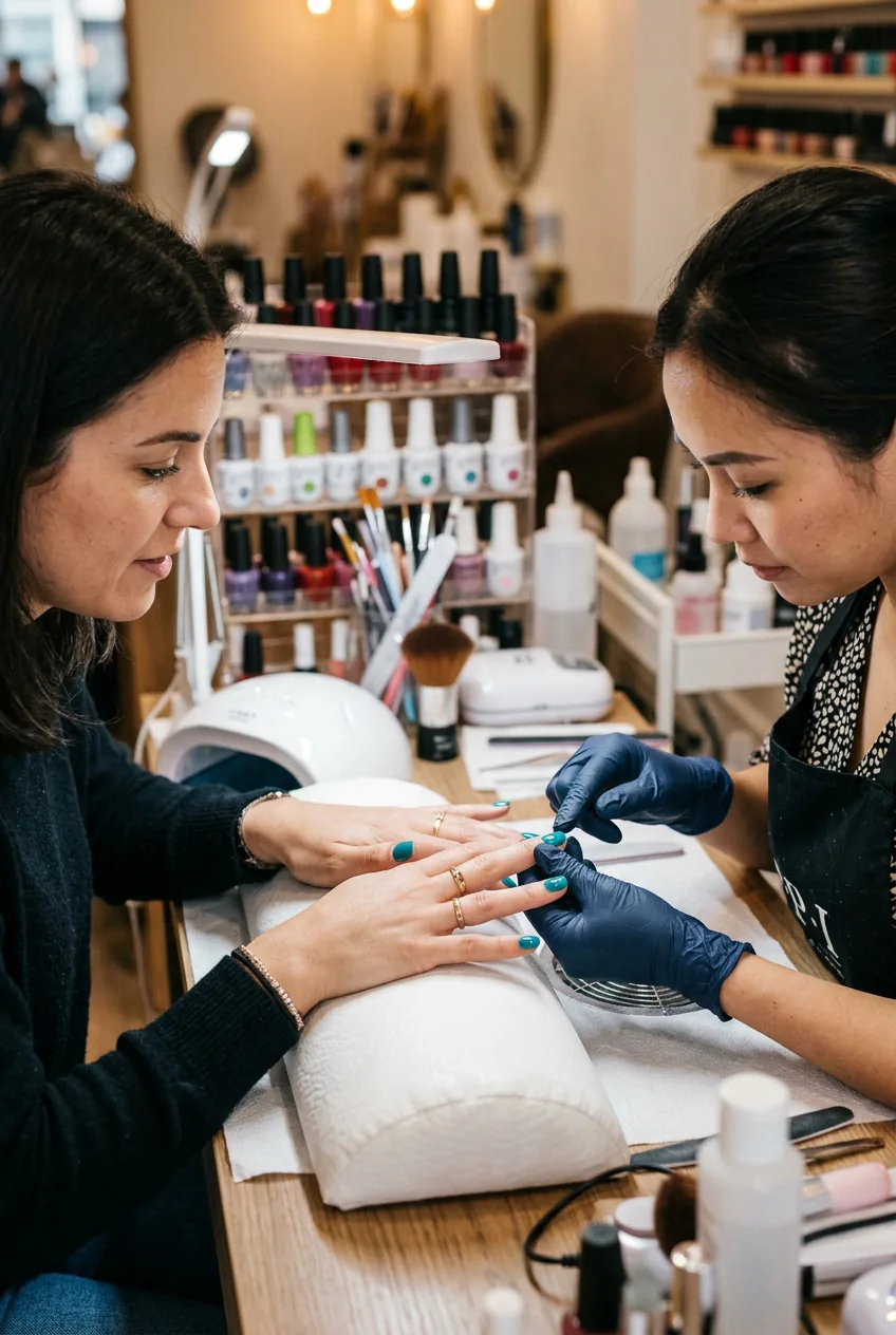 Nail technician and client both inspecting client's hand mid-service comparing nail symmetry under salon lighting