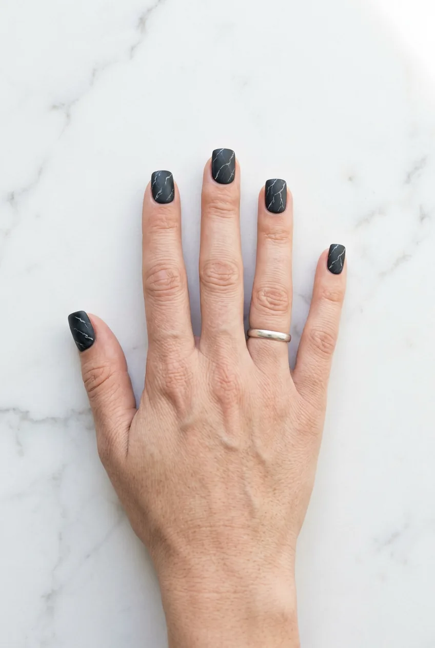 Hand with short square nails in midnight black marble design with fine silver-white veining in bright even daylight