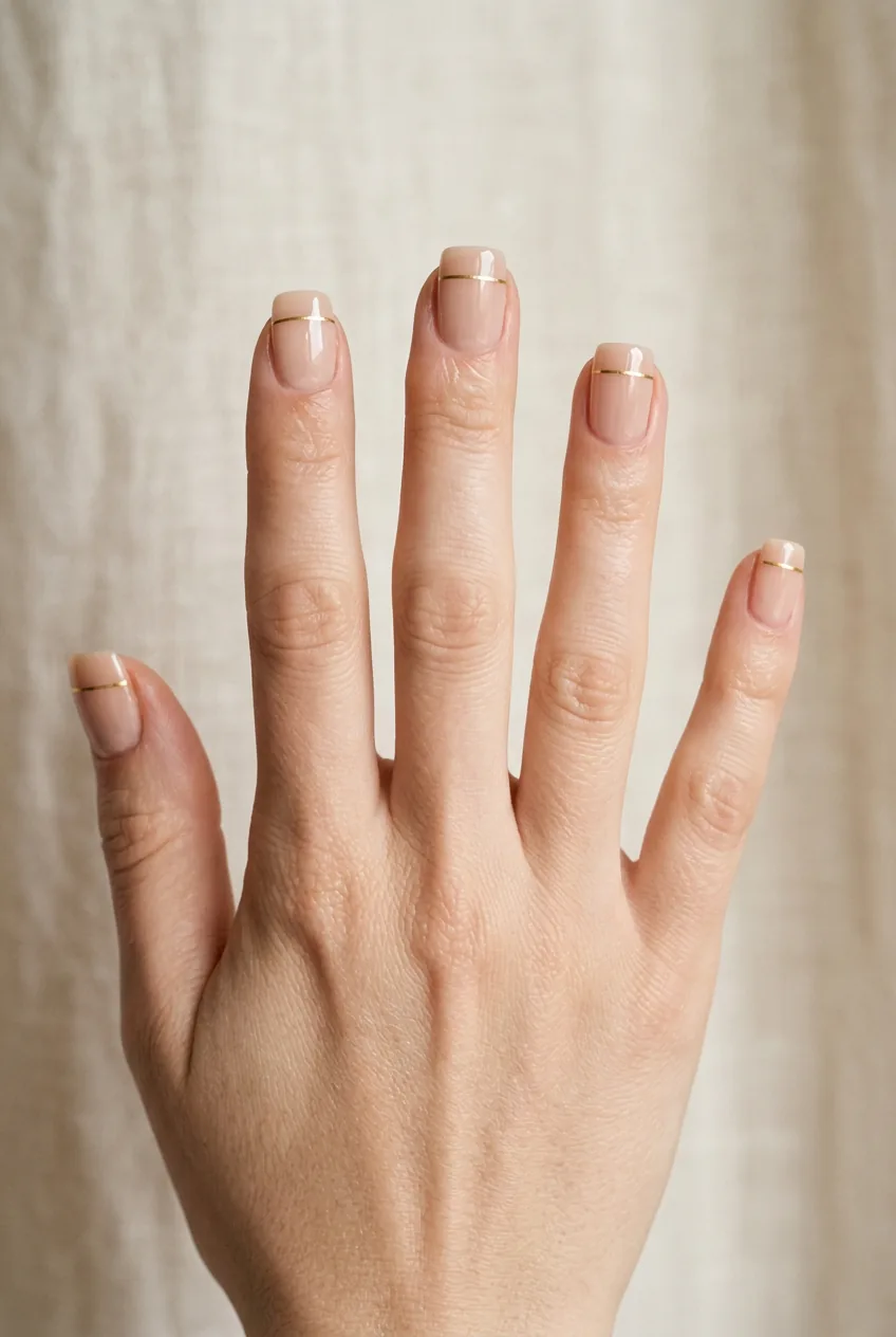 Short square nails on woman's hand with nude base and single fine gold horizontal line near each tip