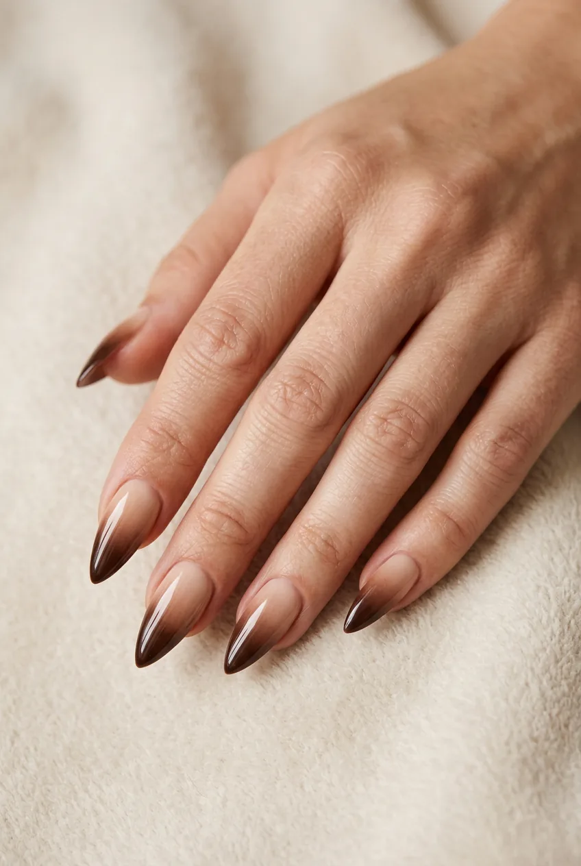Five stiletto nails with a soft mocha ombre gradient going from pale latte at base to rich brown at tip