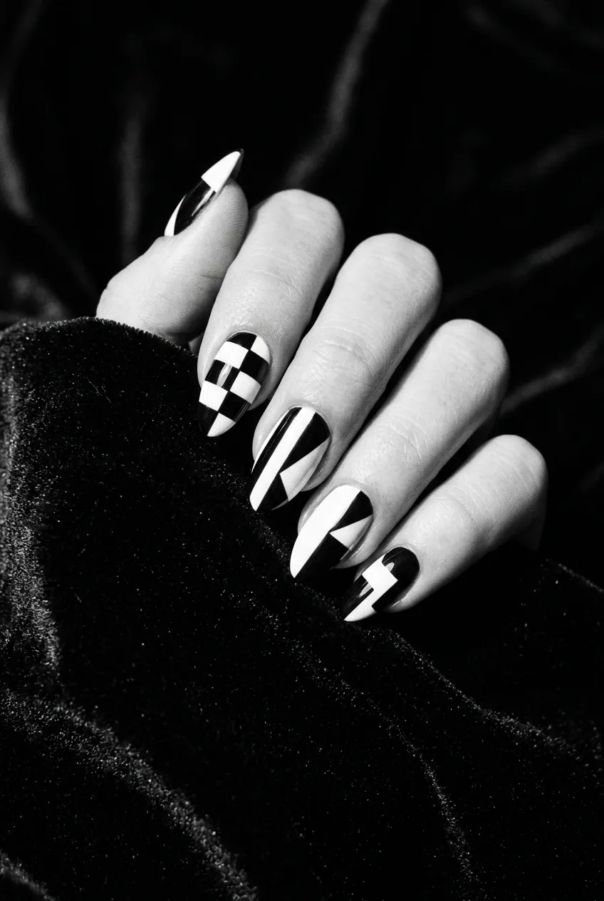 Almond-shaped nails with bold monochrome geometric shapes in pure black and white with sharp hard edges under dramatic raking side light