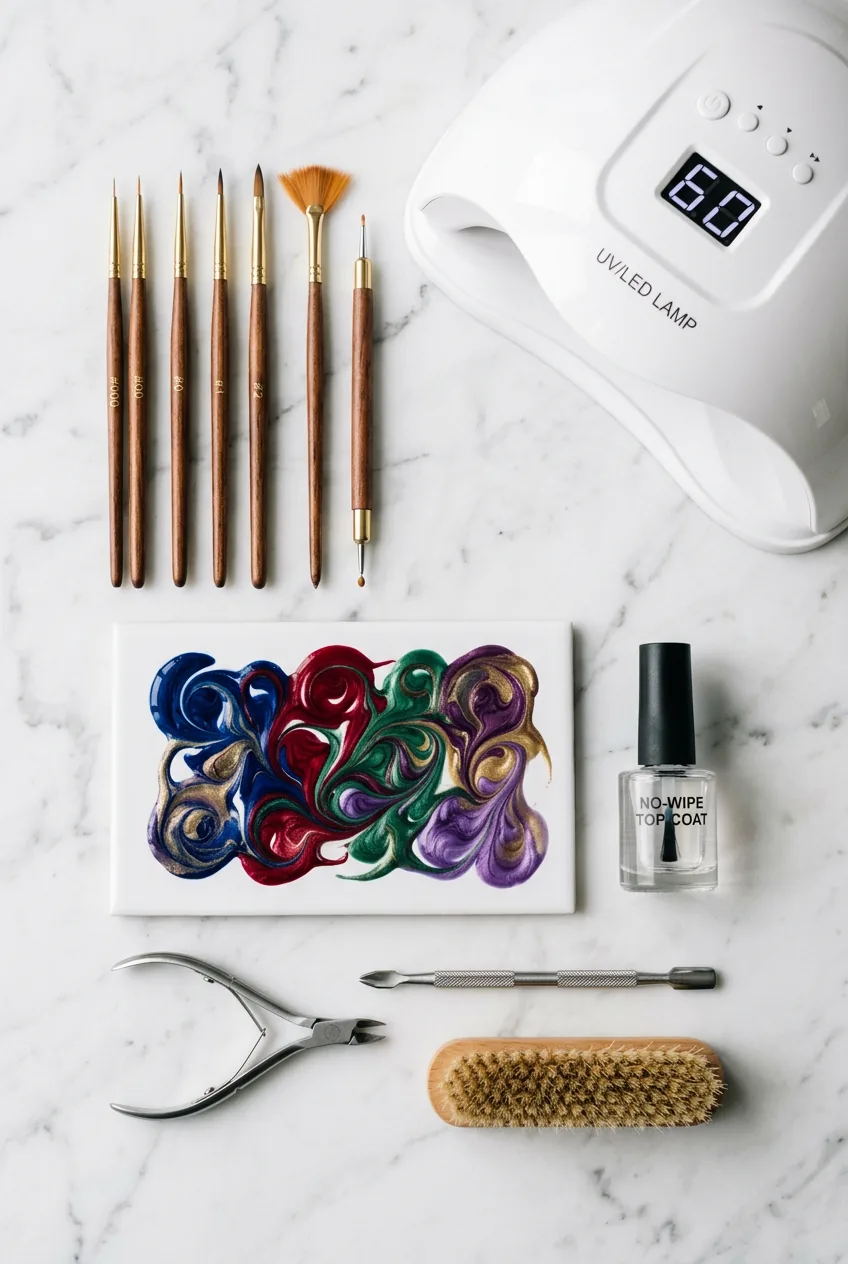 Overhead flat-lay of liner brushes, fan brush, palette tile with jewel-toned nail paint, UV lamp and top coat bottle