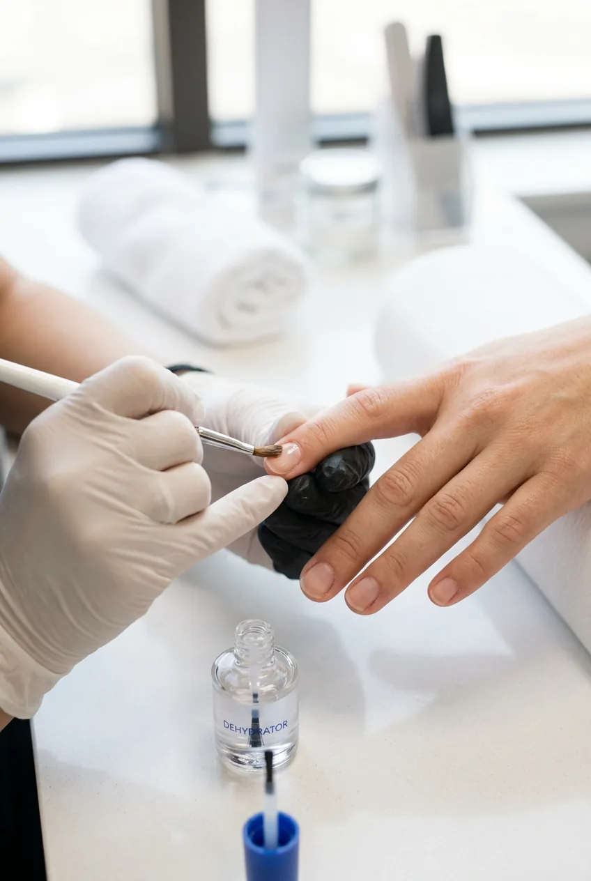 Close-up of a brush applying clear nail dehydrator to a bare natural fingernail on a clean salon counter in soft white light