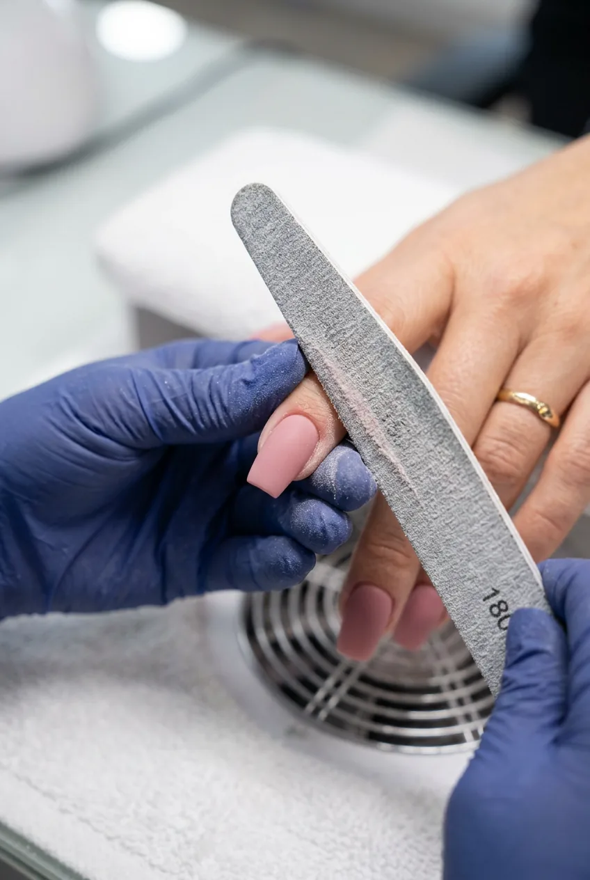 Close-up of a 180-grit nail file smoothing the surface of a cured dip powder nail with fine powder dust visible along the file edge