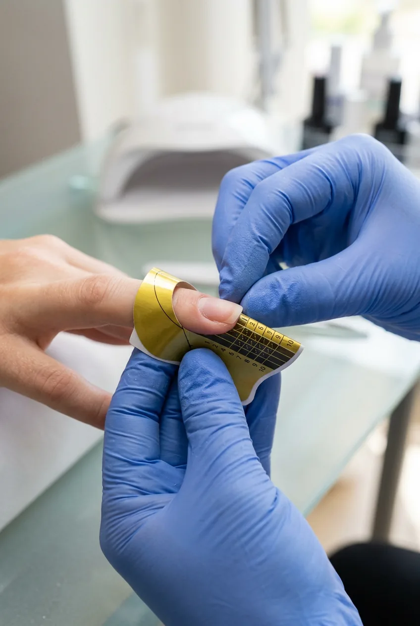 Nail tech fitting a paper nail form under the free edge of a natural nail, pinching sides to form a c-curve