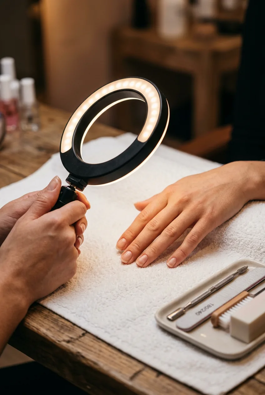 Woman positioning her hand in front of a ring light lamp during nail prep on a white salon surface