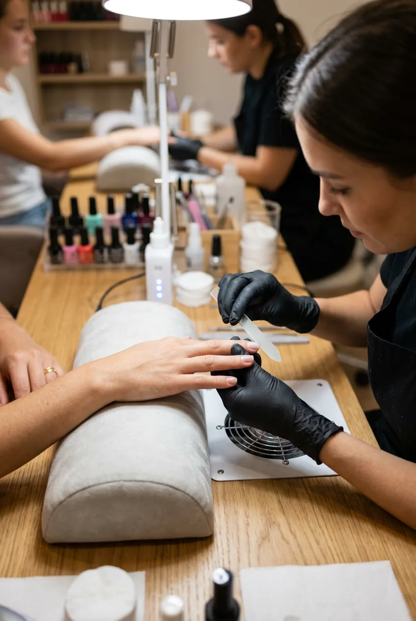 Nail technician using glass file to shape round tip on client's nail at cushioned salon station under warm lamp