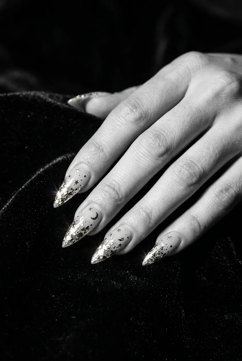 Manicured hand with stiletto nails in sheer nude base and scattered gold foil fragments sparking under multi-angle light on dark velvet