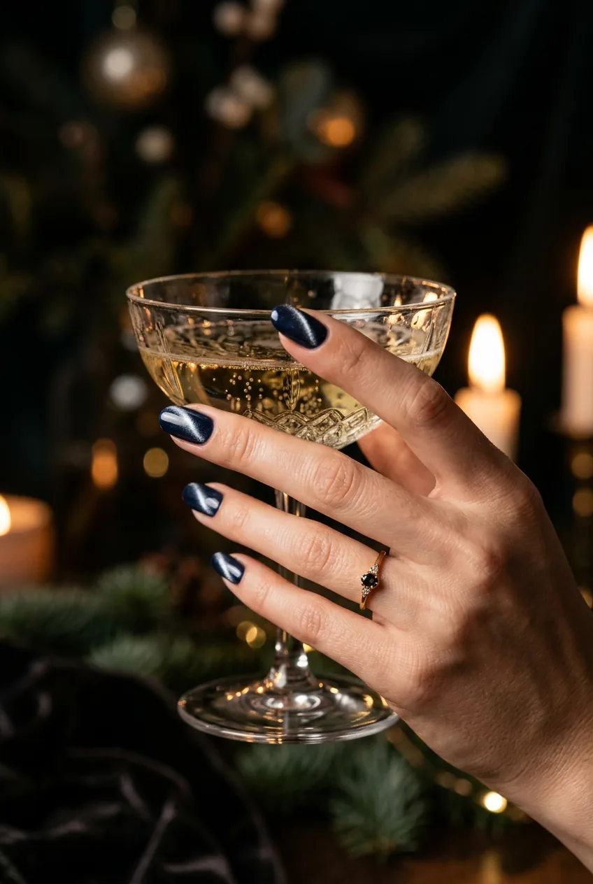 Close-up of manicured hand with deep navy cat-eye gel nails showing silver shimmer streak in moody candlelight