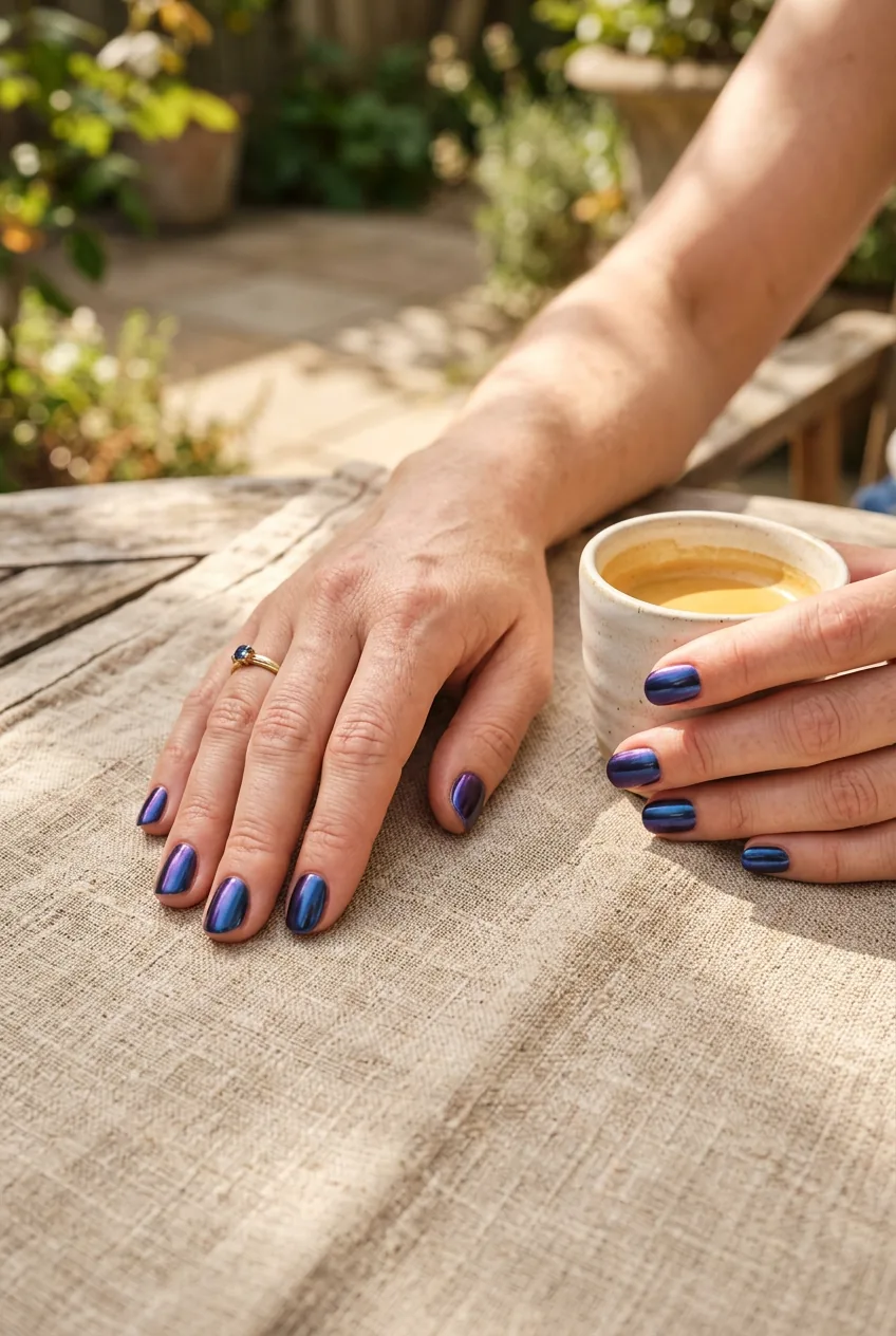 Close-up of navy duochrome chrome nails resting on linen tablecloth in dappled outdoor sunlight