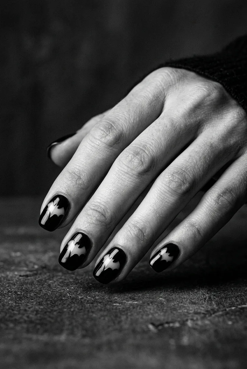 Hand angled to show glossy black nails with natural nail exposed in precise bat wing silhouette negative space shapes