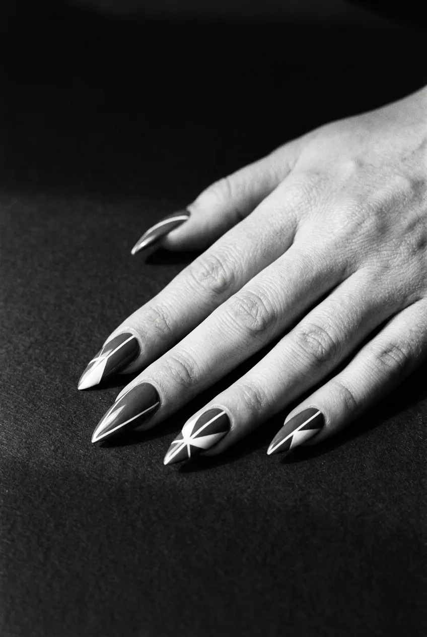 Stiletto nails with bold white negative space geometric triangles converging at the sharp tip on dark surface
