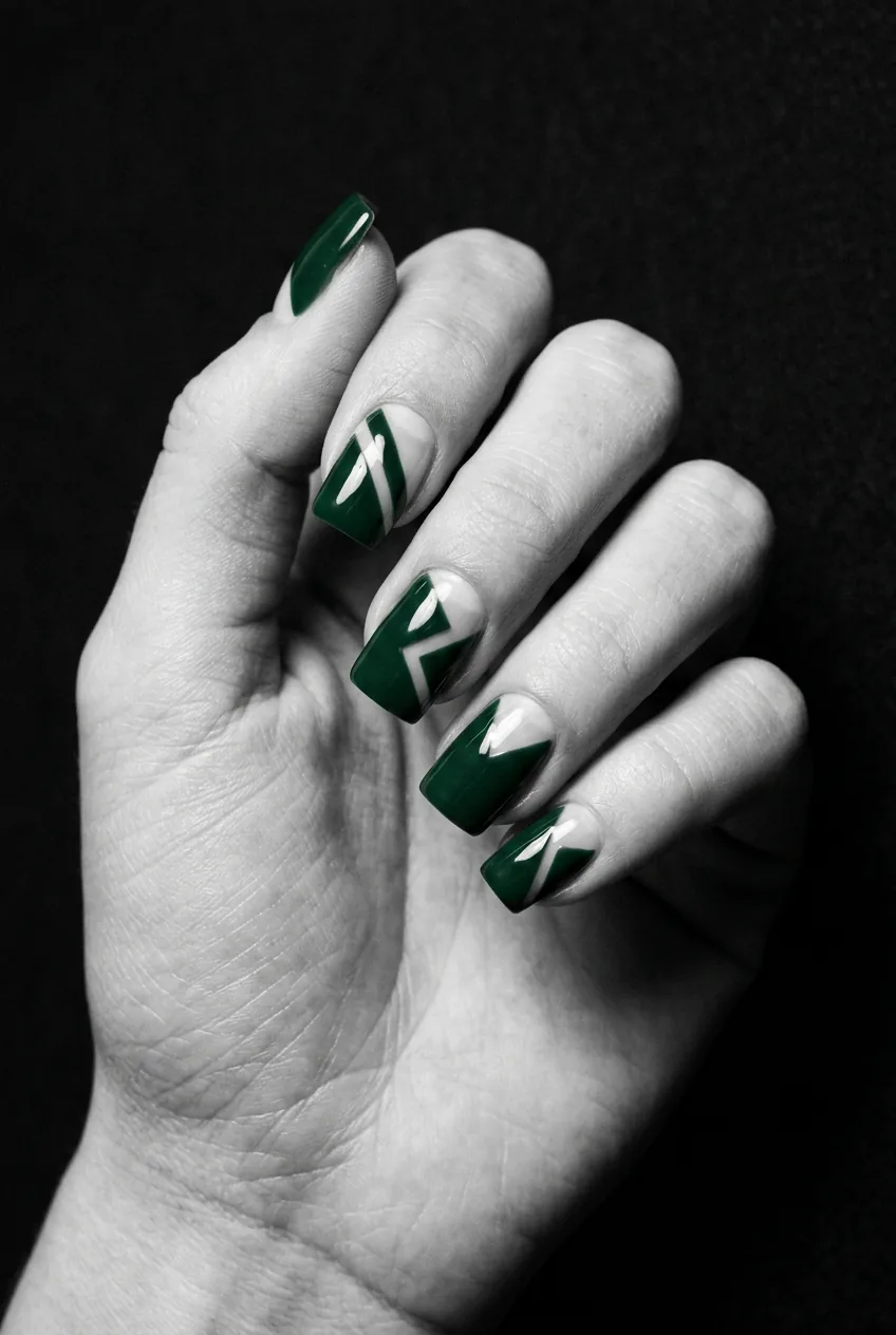 Square-shaped nails with negative space abstract line design showing thin unpainted zones through deep forest green polish under dramatic light