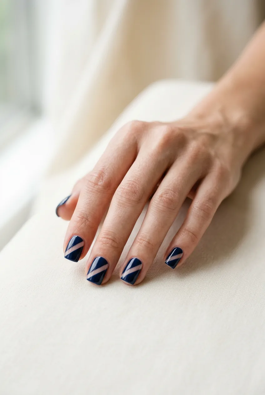 Short square nails with navy polish and bare negative space diagonal geometric strips on woman's fanned hand