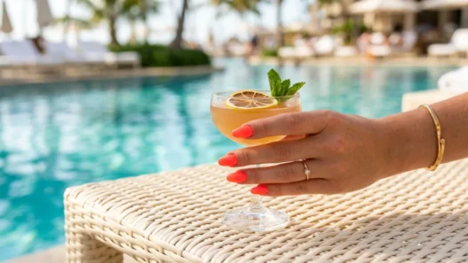 Woman holding citrus cocktail with neon coral gel nails on a sunlit pool deck with turquoise water bokeh