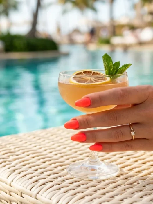Woman holding citrus cocktail with neon coral gel nails on a sunlit pool deck with turquoise water bokeh