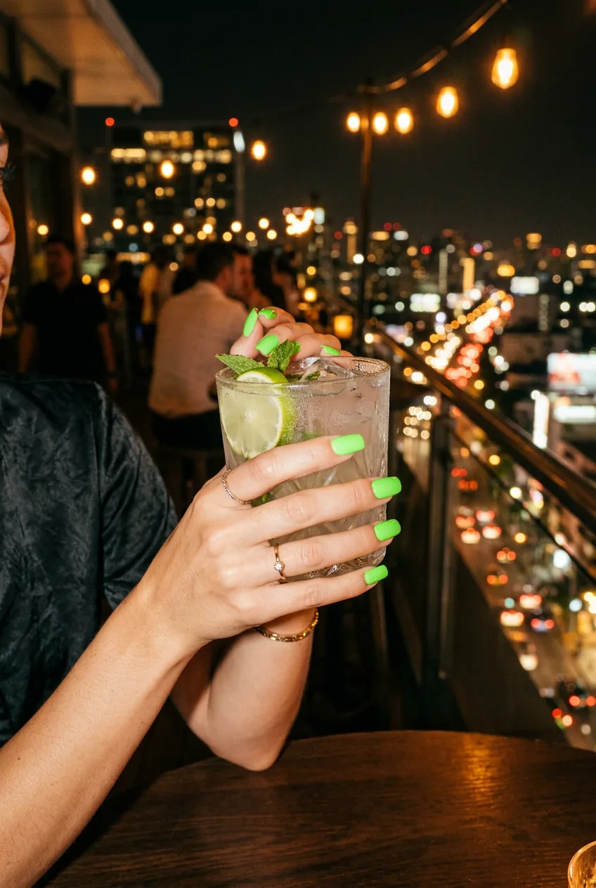 Woman's hand with vibrant neon green square nails holding iced drink at rooftop bar with bokeh city lights