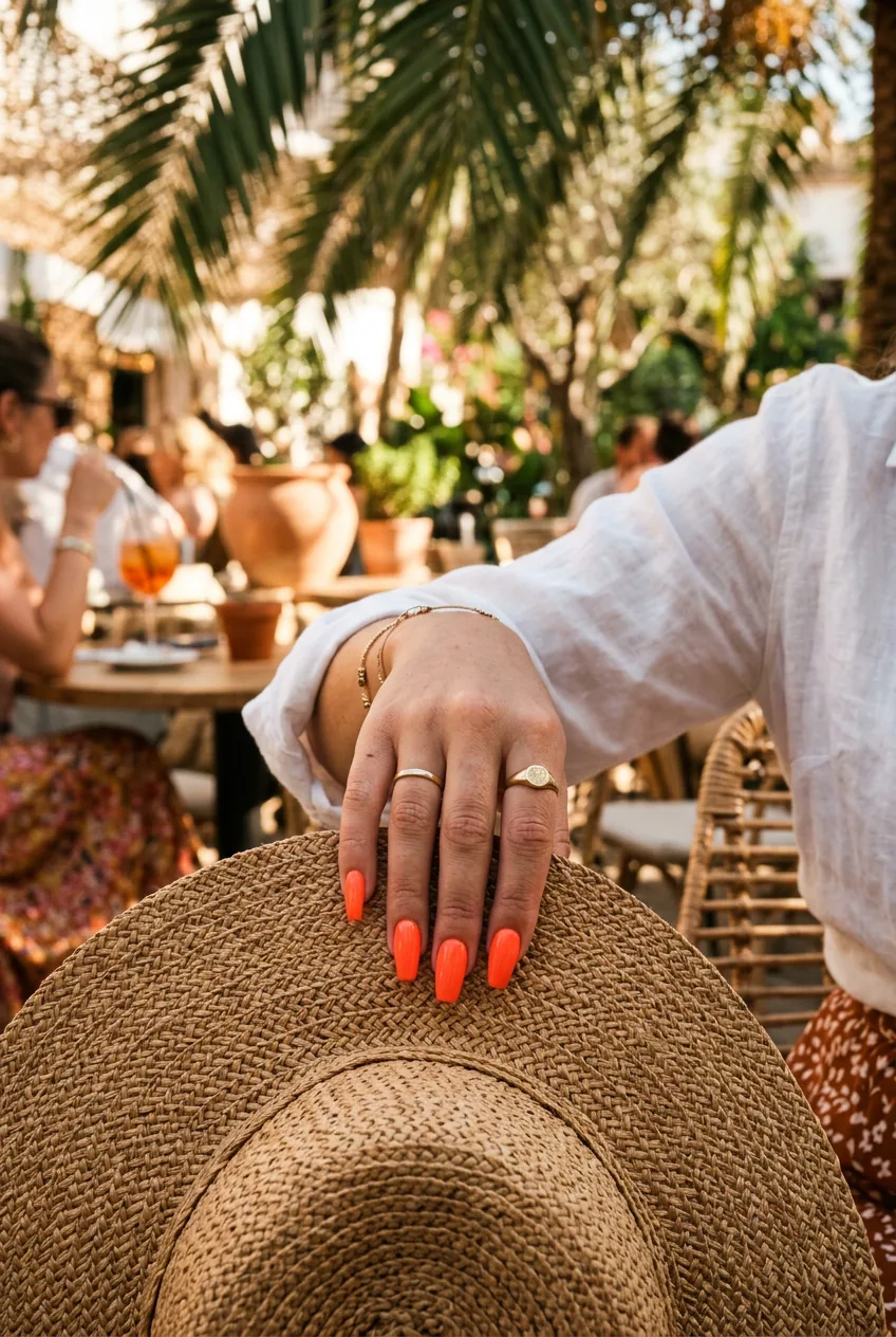 Close-up of neon orange coffin-shaped nails resting on a straw hat brim in dappled outdoor sunlight