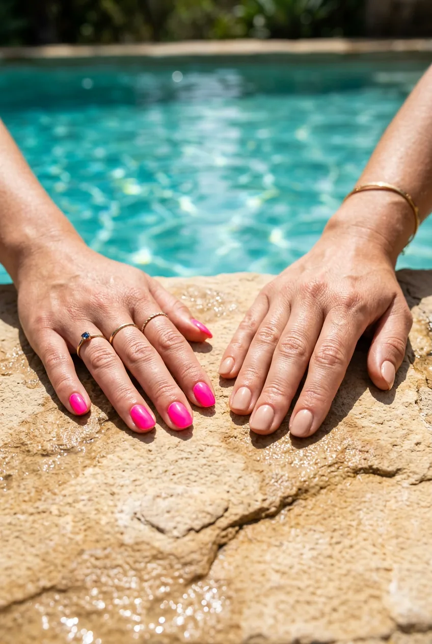 Two hands placed side by side on pool stone showing neon pink nails next to nude nails in bright natural light