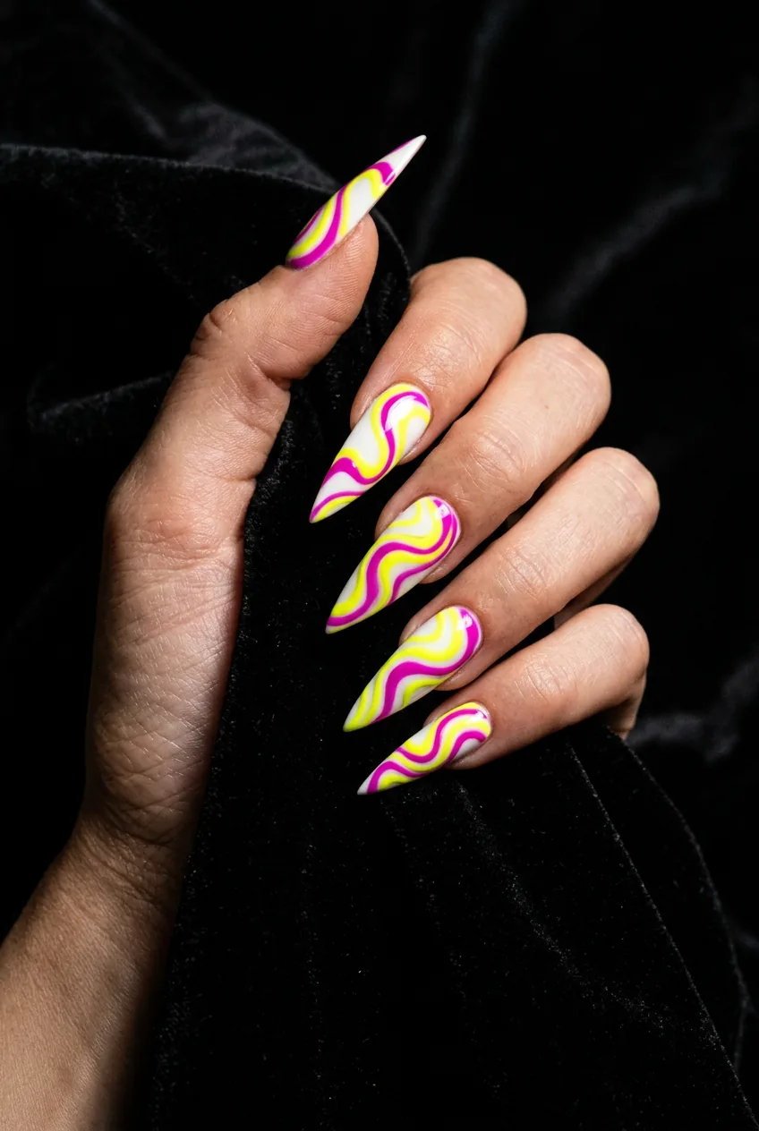 Sharp stiletto nails with bold neon yellow and hot magenta swirls winding from cuticle to pointed tip