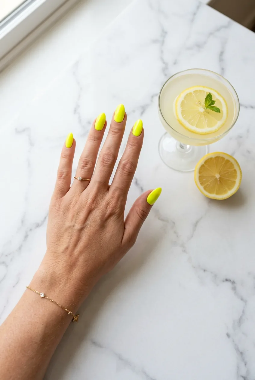 Overhead flat lay of neon yellow gel manicure on white marble with cocktail glass and citrus slice