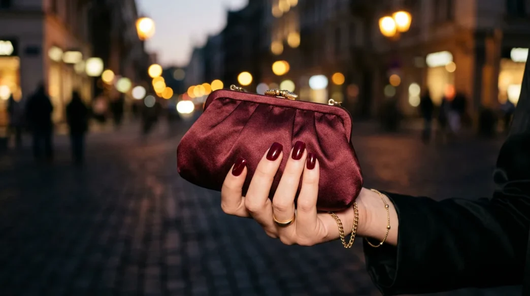 Manicured hand with deep burgundy square nails holding a satin clutch under warm amber street-lamp light at night