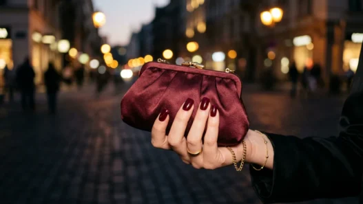 Manicured hand with deep burgundy square nails holding a satin clutch under warm amber street-lamp light at night