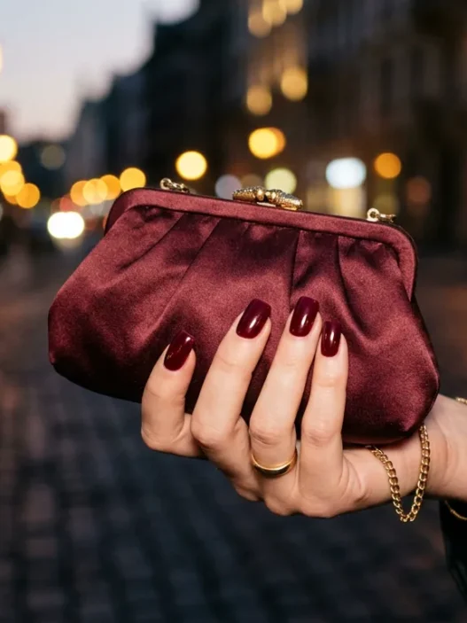 Manicured hand with deep burgundy square nails holding a satin clutch under warm amber street-lamp light at night