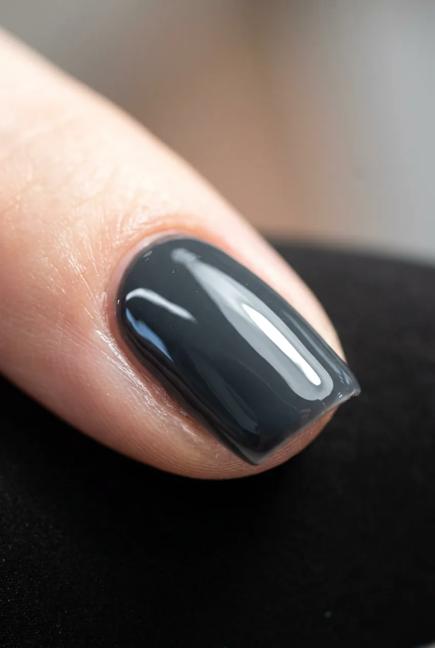 Macro image of a no-wipe gel top coat freshly cured on a dark nail showing a high-gloss tacky surface ready for chrome
