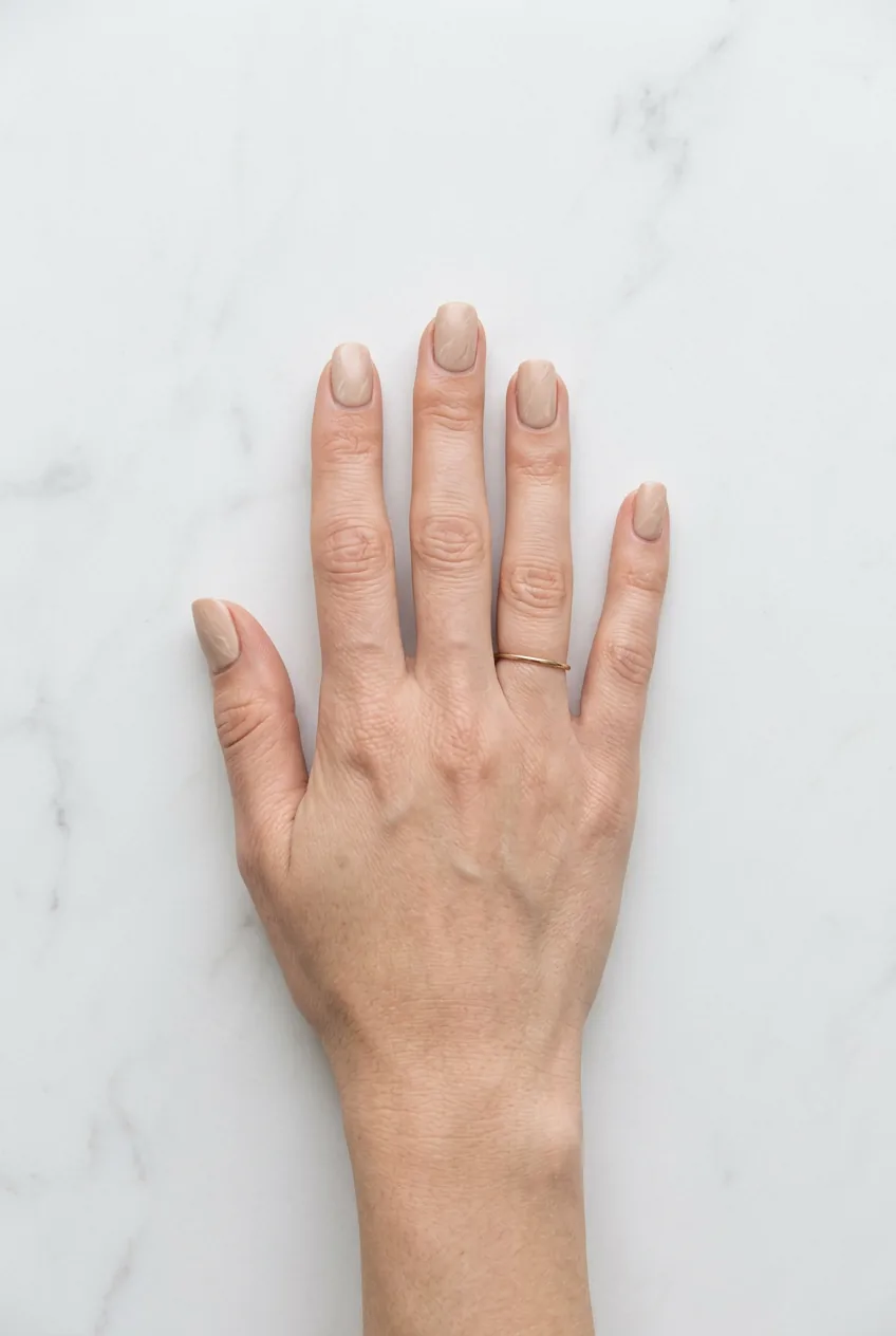Overhead view of hand with subtle nude beige marble nails in satin finish in soft even natural daylight