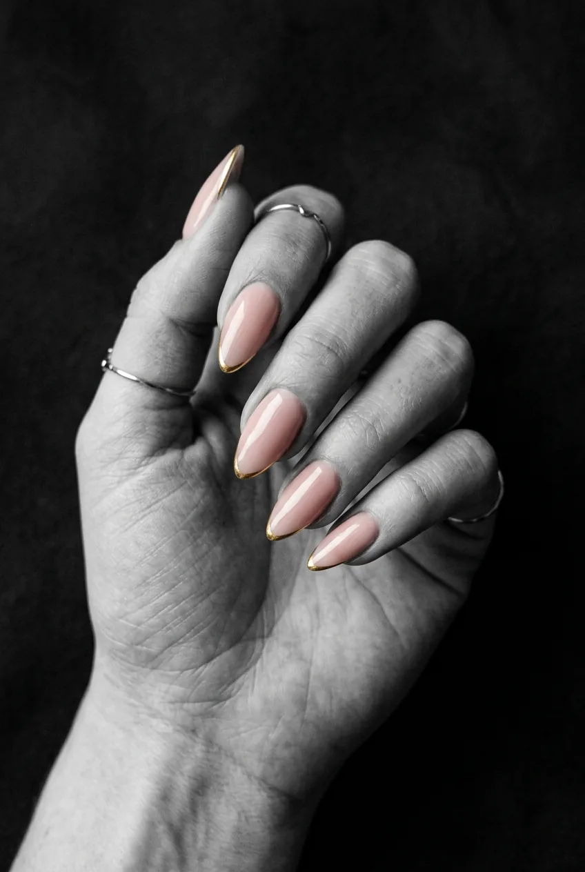 Almond transitioning to stiletto nails in sheer nude pink with ultra-fine gold tip line at the point